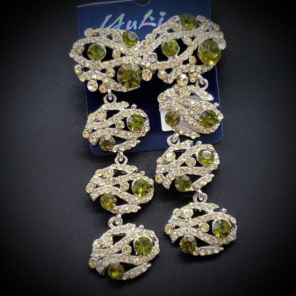 Olive Green Rhinestone Chandelier Earrings